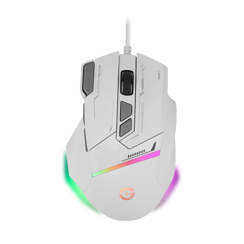 Getttech Mouse Gamer Ergonómico, Alámbrico, 7,200 DPI, USB-A, Blanco/Gris - Modelo: GPM-RGBWR-G1-WH