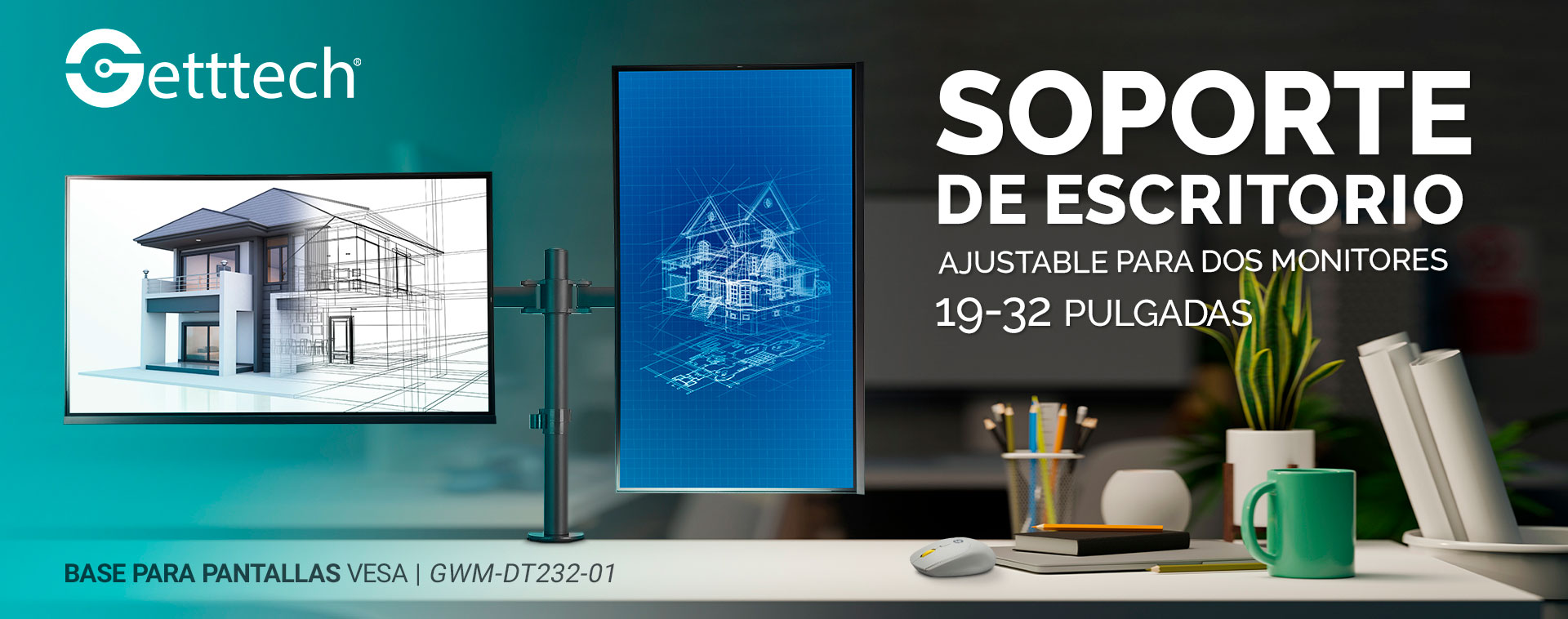 Getttech Soporte de escritorio para dos monitores Full motion 19-32 pulgadas - Modelo: GWM-DT232-01