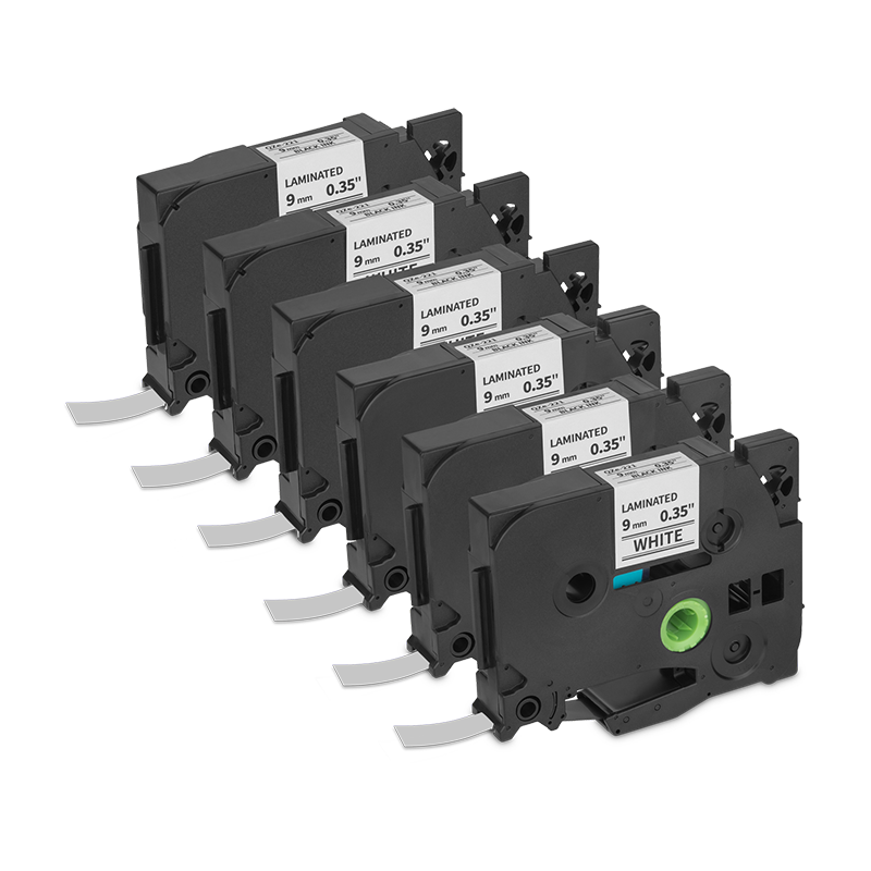 Qian Cinta de Etiquetas Laminada Paquete de 6 Negro sobre Blanco  9mm - Modelo: QZe-221