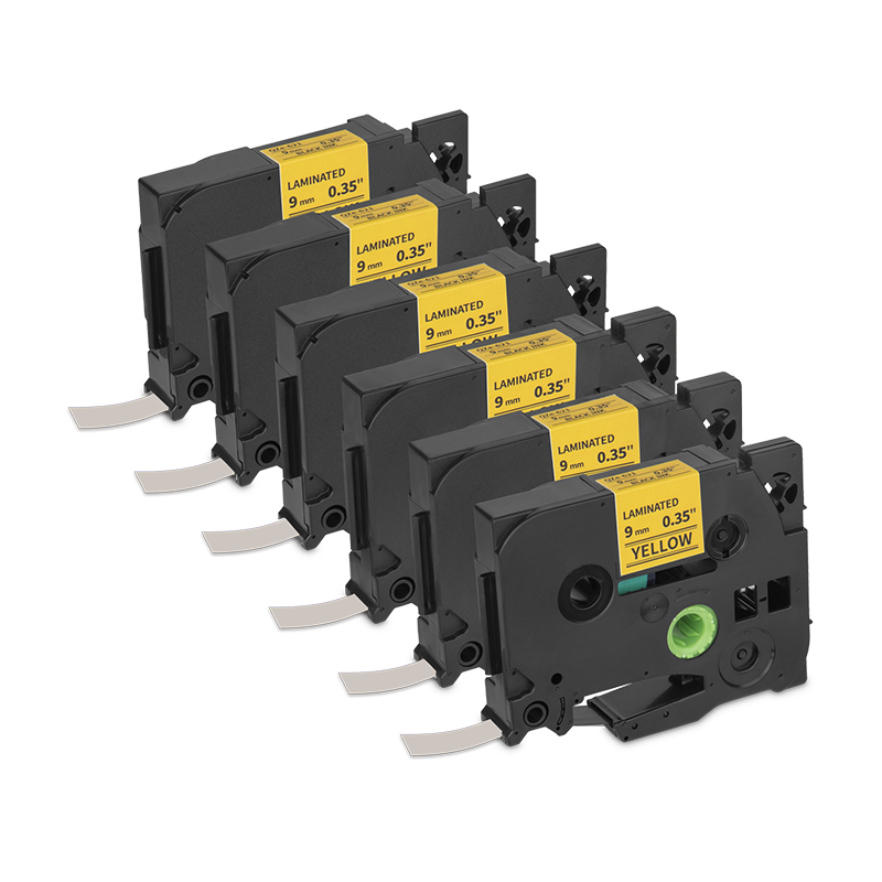 Qian Cinta de Etiquetas Laminada 6 Pack Negro sobre Amarillo  9mm - Modelo: QZe-621