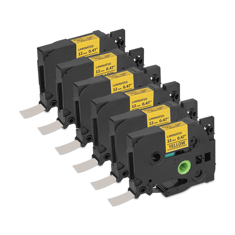Qian Cinta de Etiquetas Laminada 6 Pack Negro sobre Amarillo 12mm - Modelo: QZe-631